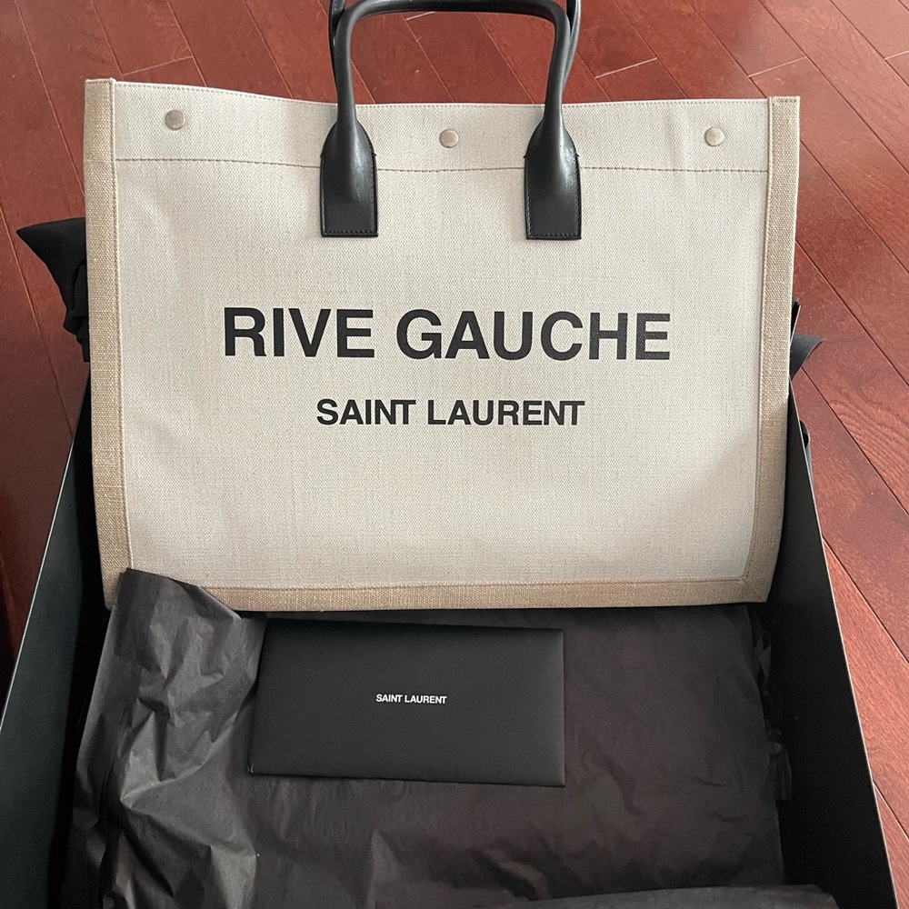 RIVE GAUCHE SMALL TOTE BAG IN LINEN AND LEATHER